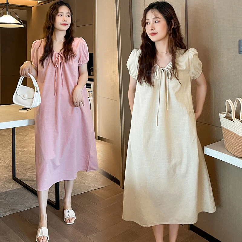 2025新款V领慵懒风舒适宽松遮肉显瘦纯色法式简约棉麻孕妇连衣裙