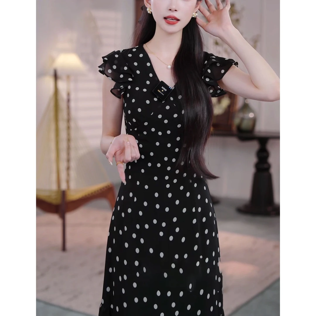 洋气优雅气质外穿中长款短袖裙子夏季爆款时尚百搭波点法式连衣裙