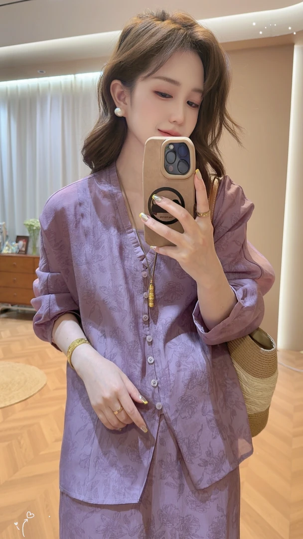 新中式暗纹提花套装女松弛感遮肉显瘦夏季防晒衬衫2025早秋三件套