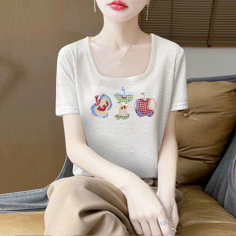 2025夏季新款竹节棉短袖T恤女宽松显瘦印花上衣女小香风t恤女方领