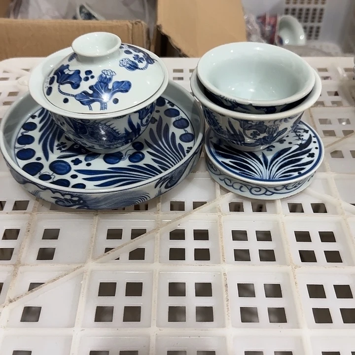 杯青花鱼藻纹五件套