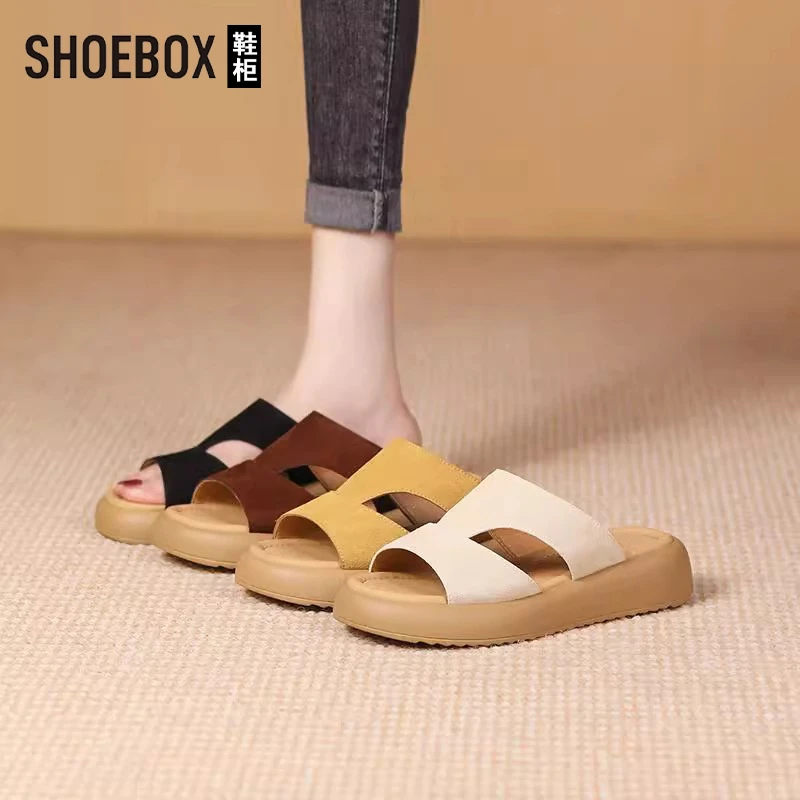 SHOEBOX鞋柜2025夏季新款女士凉拖鞋外穿平底舒适软底一字拖