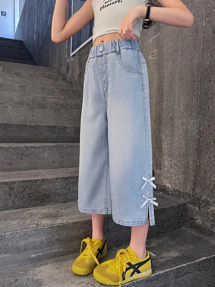 女童短裤裤子夏季薄款新款儿童洋气蝴蝶结七分裤中大童休闲牛仔裤