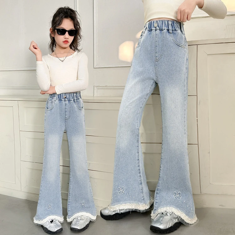 女童裤子春秋款2025新款时髦春装阔腿裤春季花边微喇牛仔裤