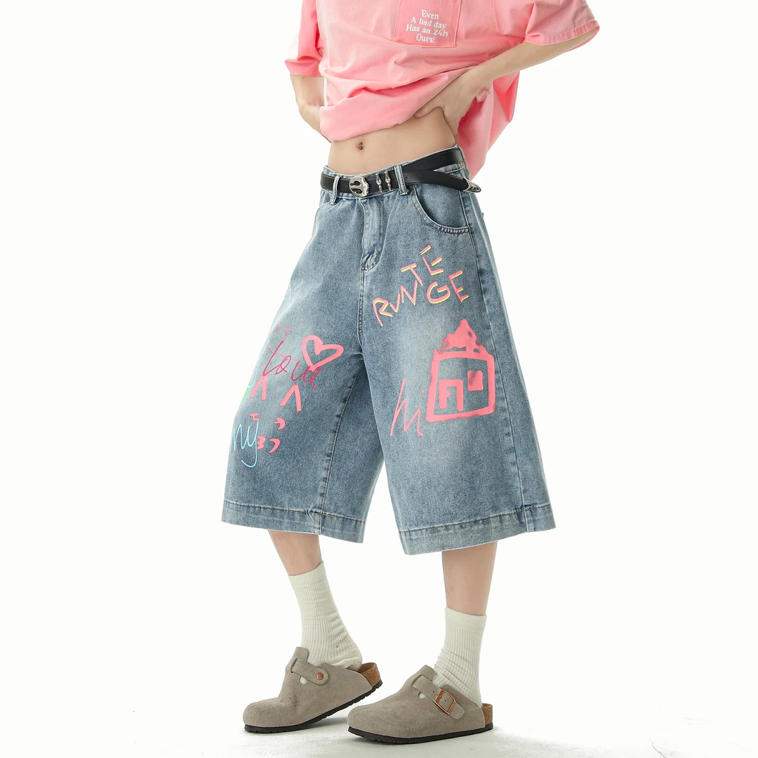 美式涂鸦牛仔七分裤男女夏季水洗做旧宽松休闲裤百搭直筒阔腿裤