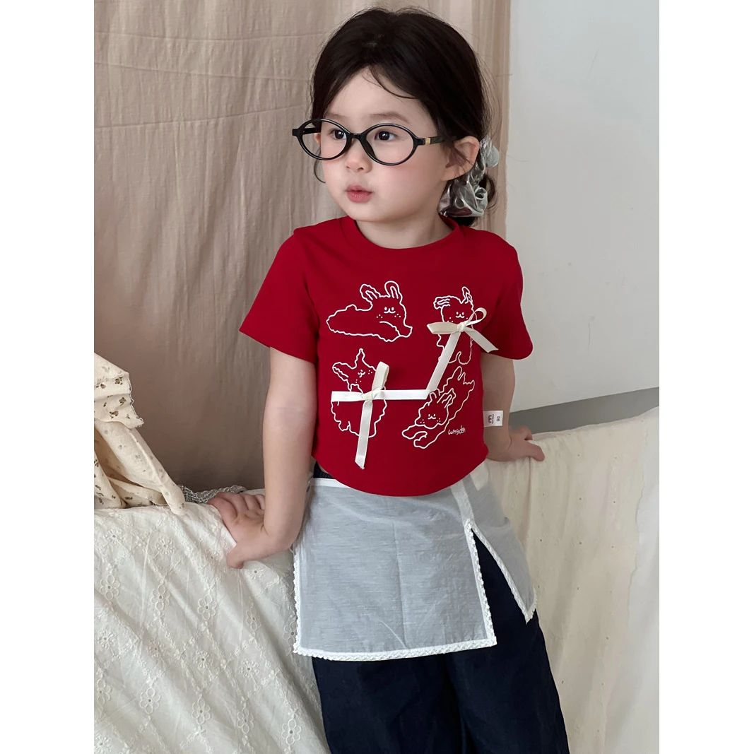 x131麦田季新夏款童装韩版女宝宝卡通可爱短款T恤儿童蝴蝶结上衣