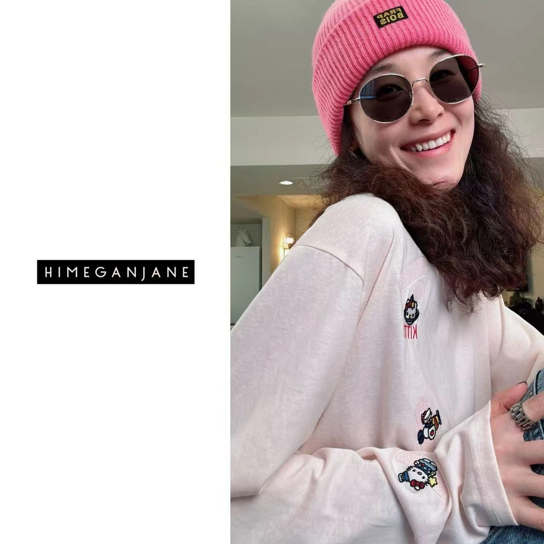 HIMEGANJANE “刺绣补丁Kitty” 趣味贴布绣韩版宽松显瘦上衣12388