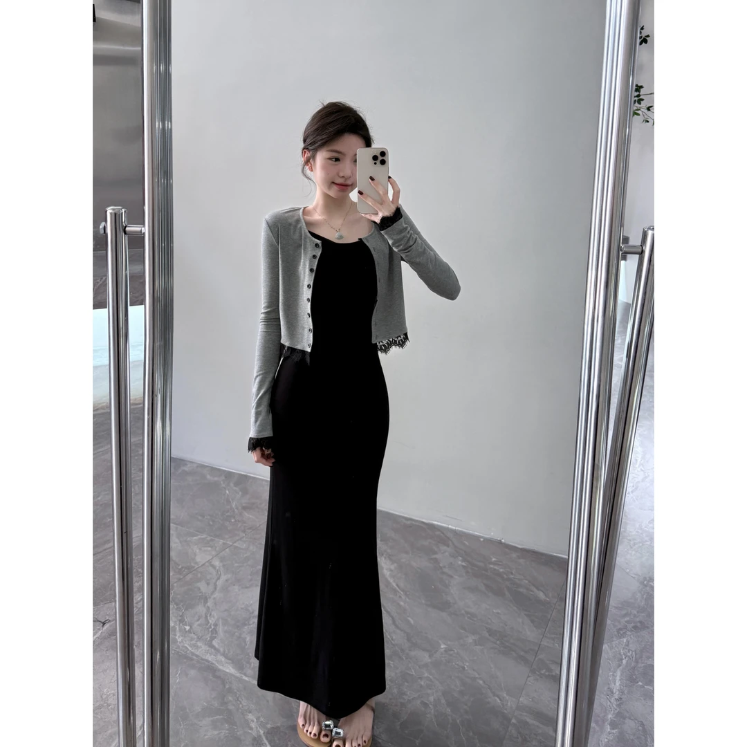 【颂宋】早春新款蕾丝拼接长袖小外套修身吊带连衣裙两件套DT1099