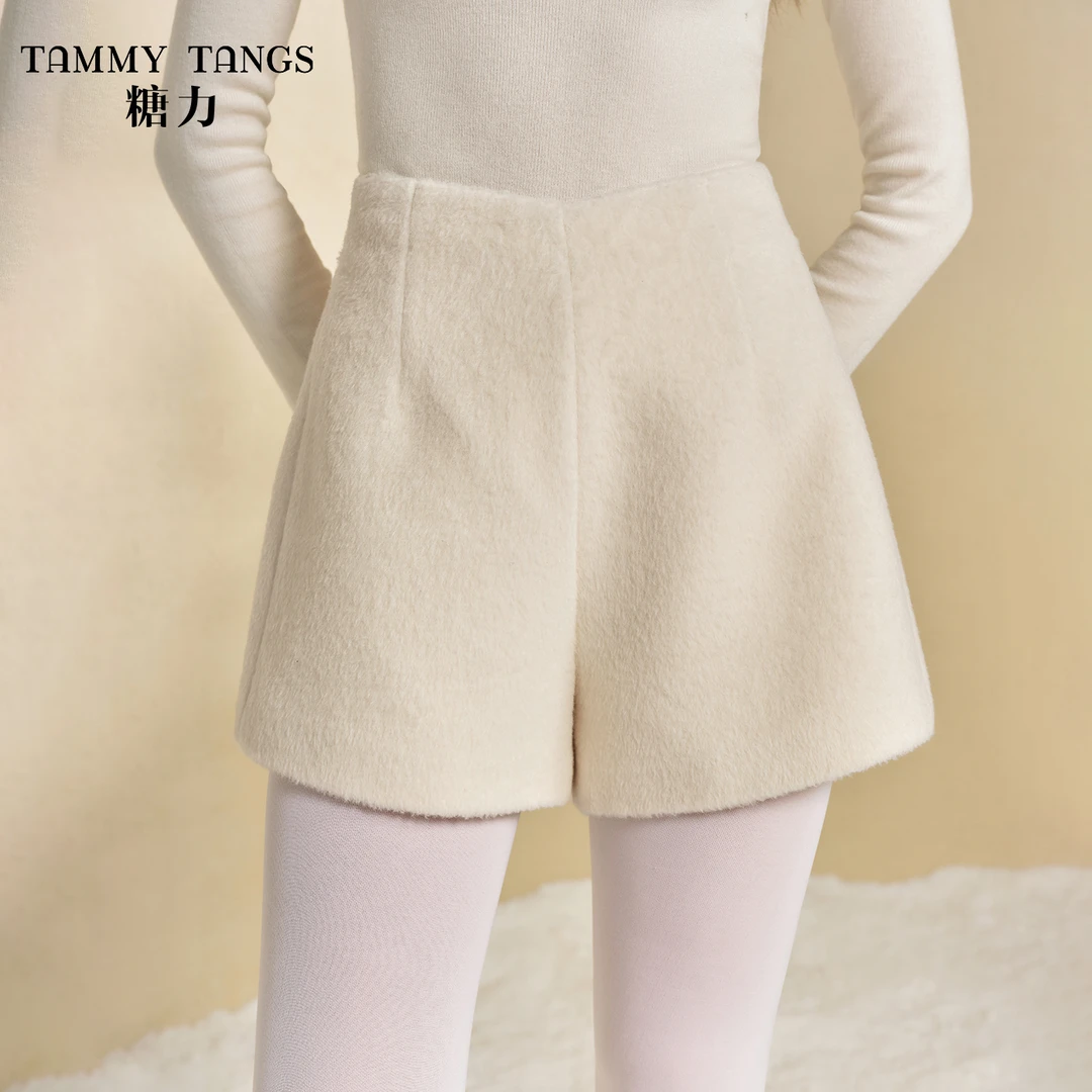 糖力 冬季羊毛毛绒休闲裤女高腰显瘦阔腿短裤靴裤