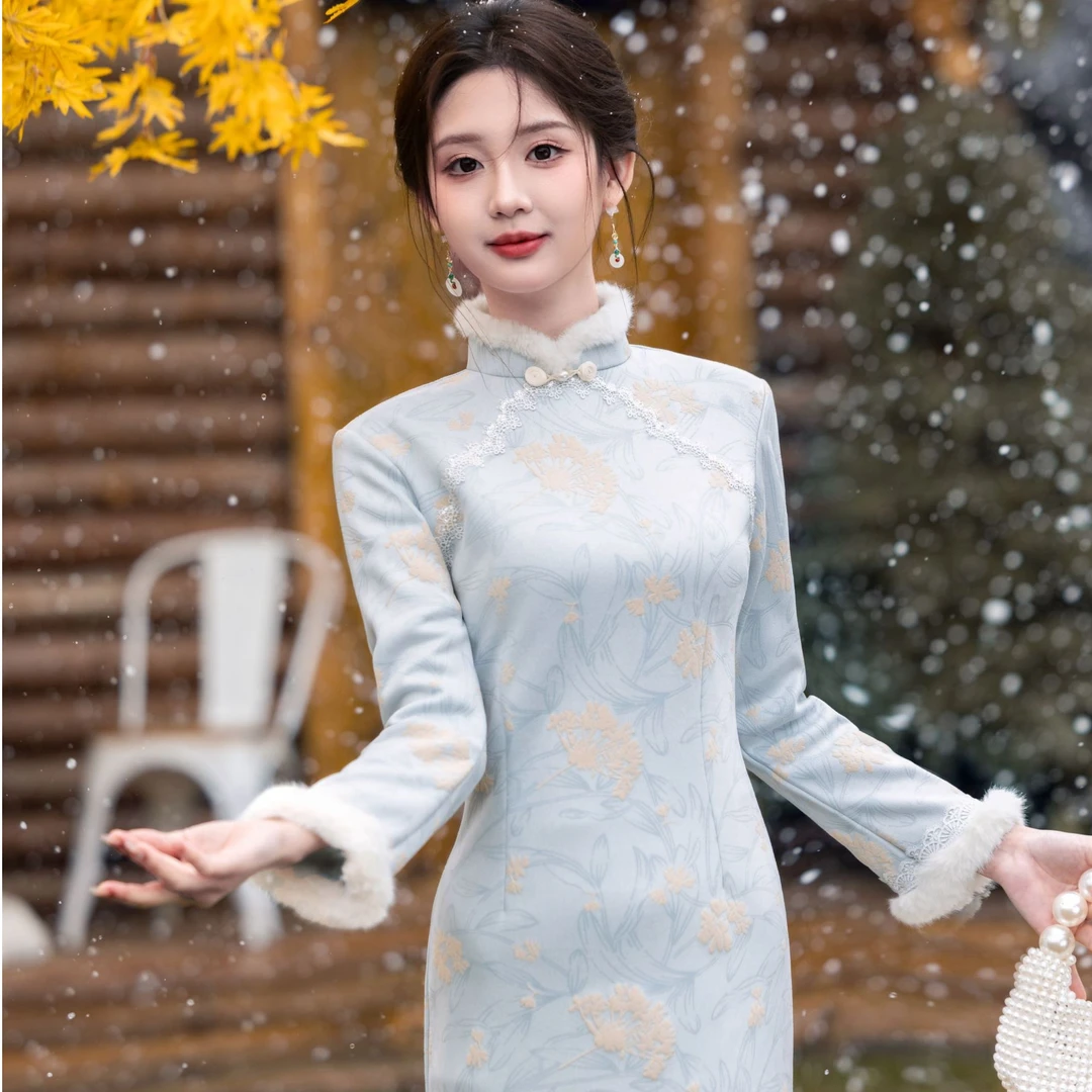【风清余】秋冬新款新中式雕印雪花绒加绒改良气质加厚中国风旗袍