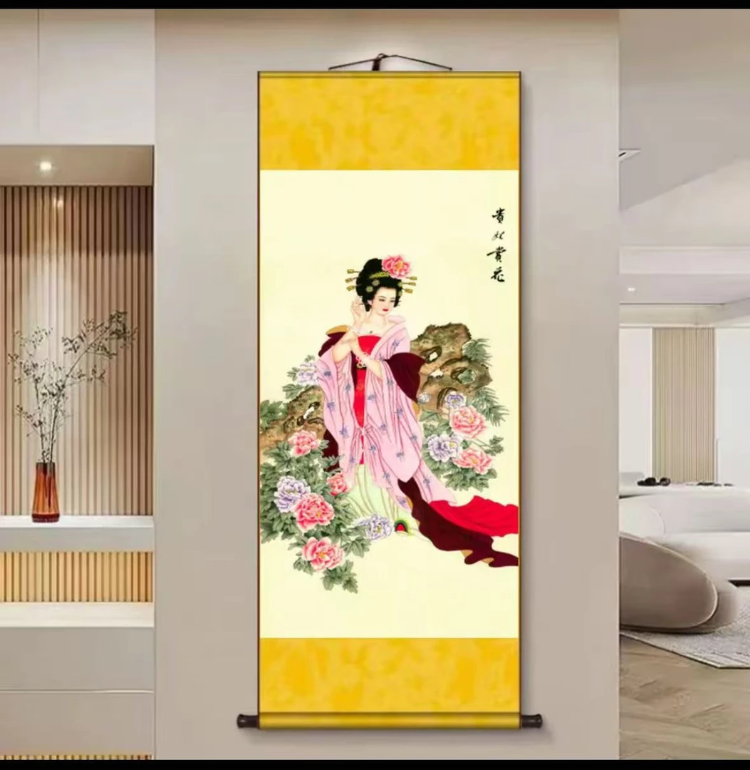 《贵妃赏花》精装140*45中式数字微喷立式挂画