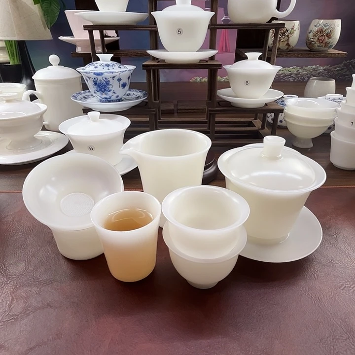隐唐窑/精工璞玉素烧自生釉150ml马蹄盖碗10件套组