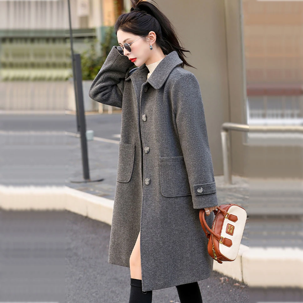 深灰色洋气呢子女款2025秋冬韩版毛呢外套中长款夹棉加厚大衣外套