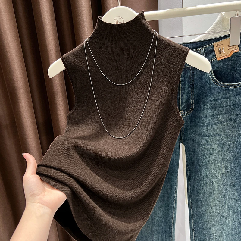 小众高级感针织上衣时尚百搭半高领无袖打底衫女亲肤柔软咖色内搭