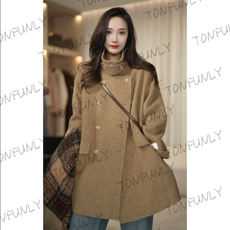 <TONFUNLY>高奢围巾领减龄慵懒风羊毛短款毛呢外套大衣