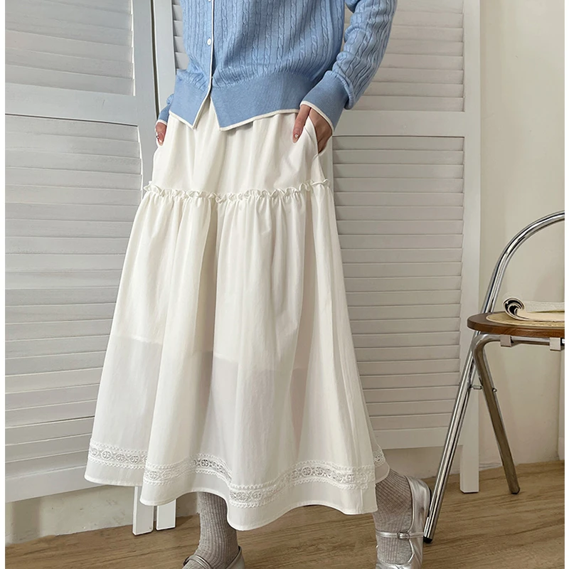 2025年春夏新款女士长裙松紧腰侧兜蕾丝拼接大摆裙气质百搭半身裙