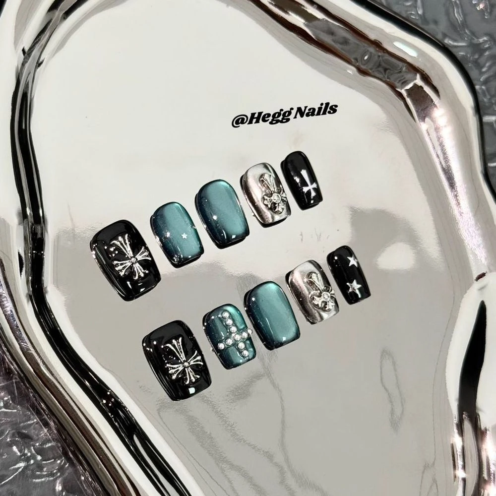 【墨蓝骑士】暗黑猫眼十字架元素手工穿戴甲假指甲贴片