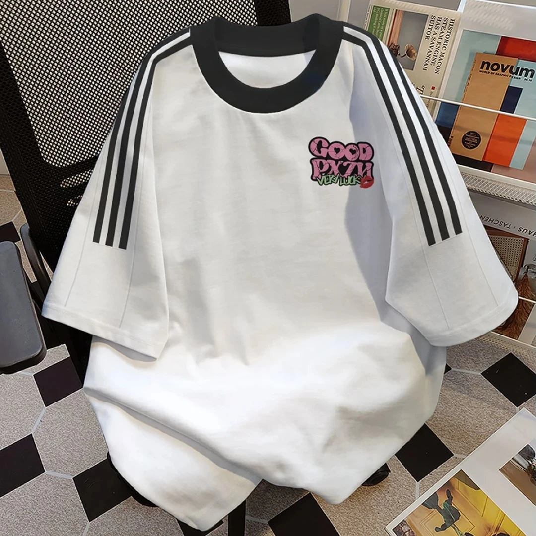 大码女装纯棉三条杠圆领短袖t恤夏季胖mm2-300斤宽松印花百搭上衣