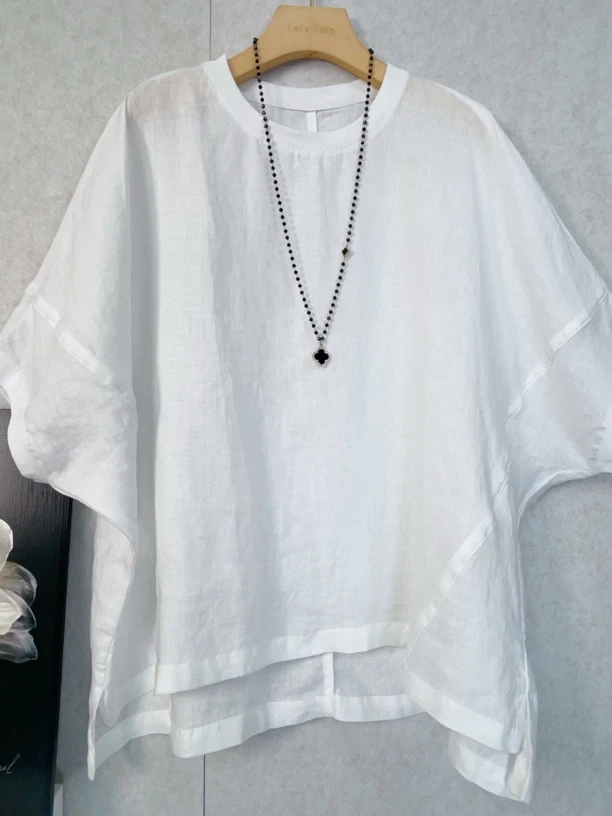 2025《100%进口雨露亚麻》夏季蝙蝠袖复古短袖中长款纯色拼接上衣