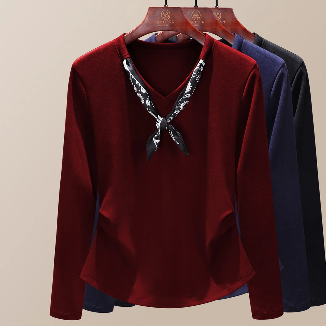 V领长袖t恤2025新款爆款丝巾设计感小众气质上衣春秋外穿女士韩版