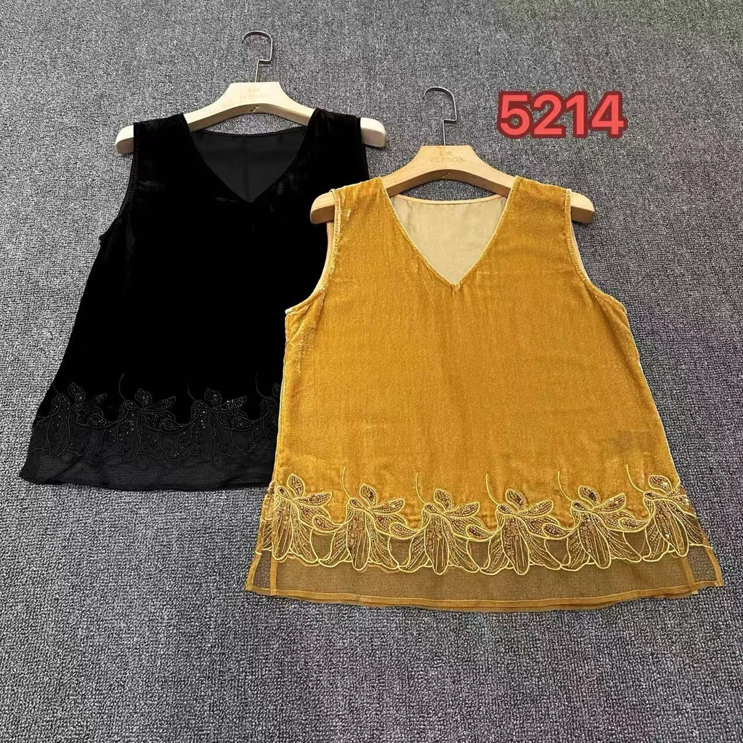 （BAI）丝绒拼接真丝绡重工珠绣V领无袖上衣5214