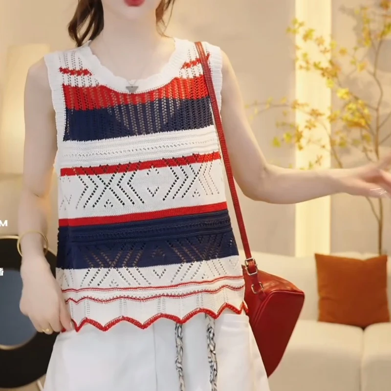 『彩虹背心』夏季时尚慵懒风撞色条纹镂空针织衫背心上衣LK2504261