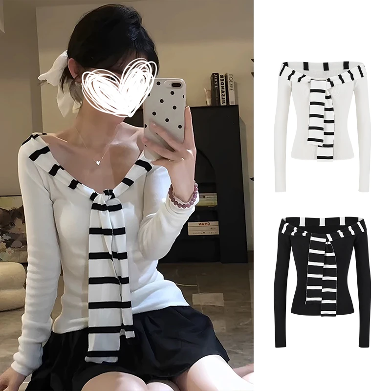 Moses Queen/魔西女王条纹拼接水手领一字肩长袖修身显瘦打底上衣