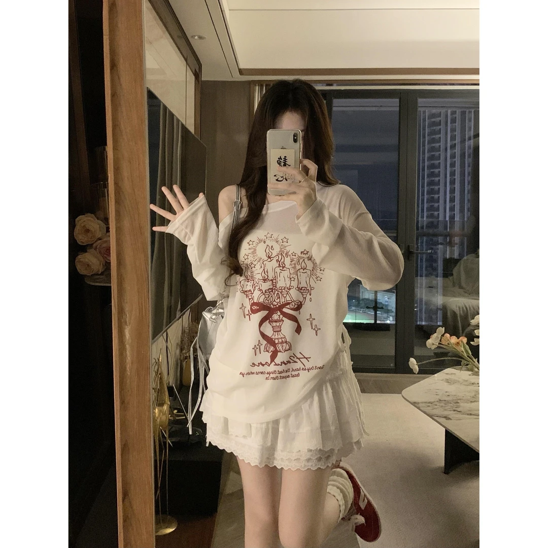 夏季女装套装大码涂鸦穿搭印花白色斜露肩长袖罩衫防晒衫+蛋糕裙