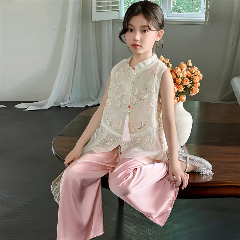 女童新中式套装夏季2025新款洋气复古国风儿童夏装无袖阔腿裤薄款