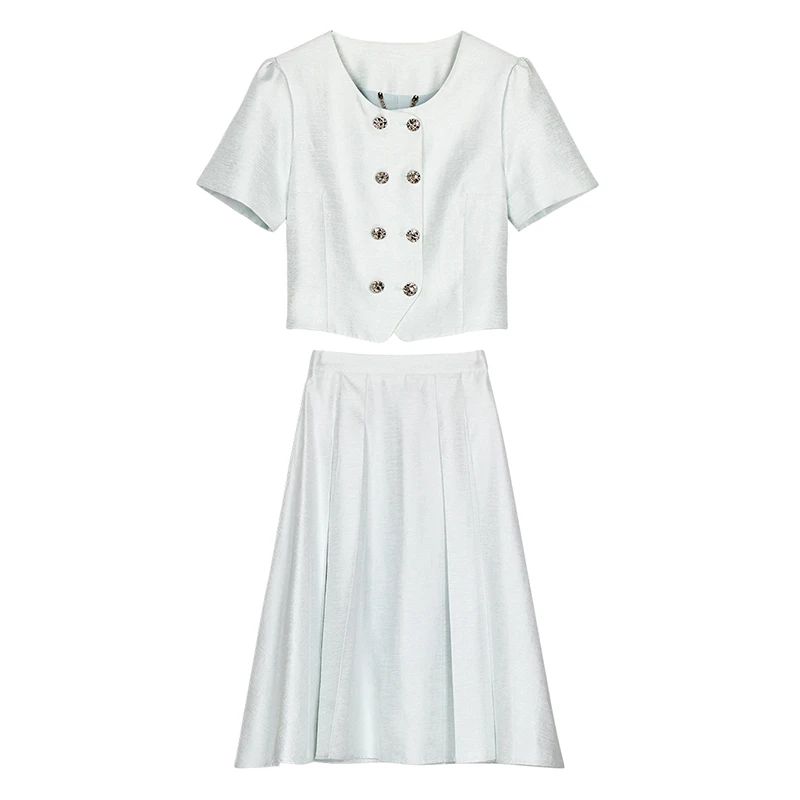 【龙哥质造】刘亦菲同款蓝色小香风套装时尚短款上衣+半身长裙29111