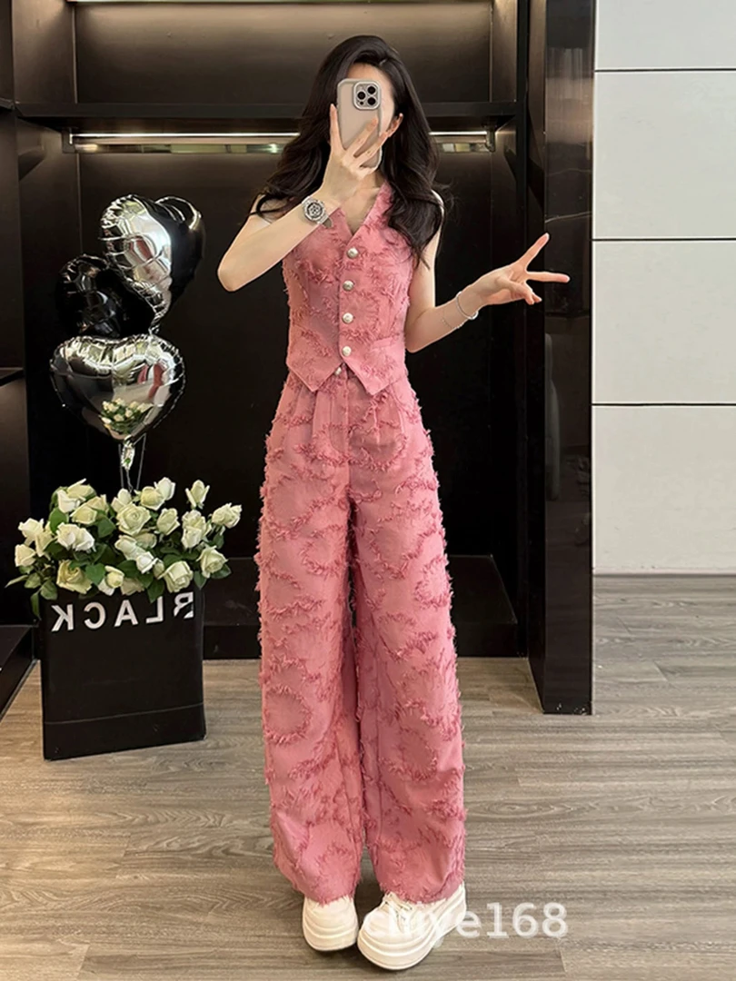 2025夏季休闲风套装气质感无袖马甲上衣宽松直筒阔腿裤遮肉两件套