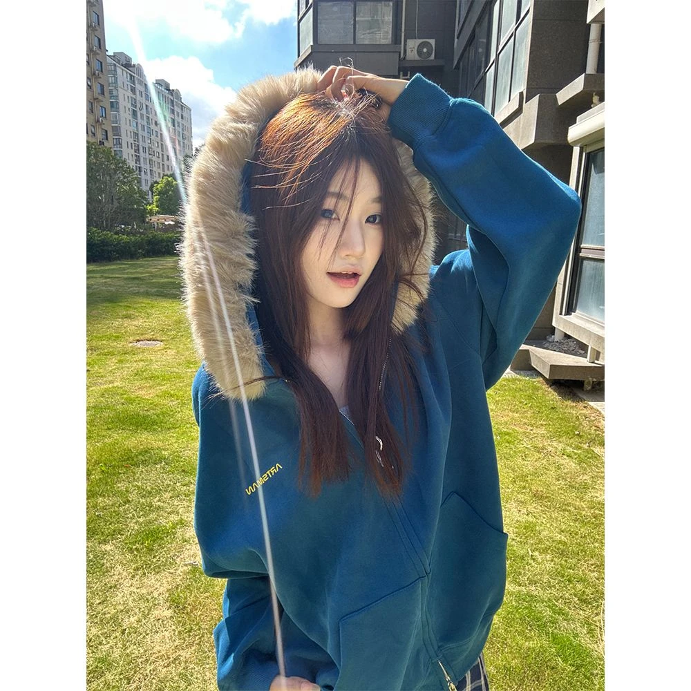 字母蓝色毛领连帽卫衣女秋冬季宽松慵懒风加绒加厚开衫外套#WY50