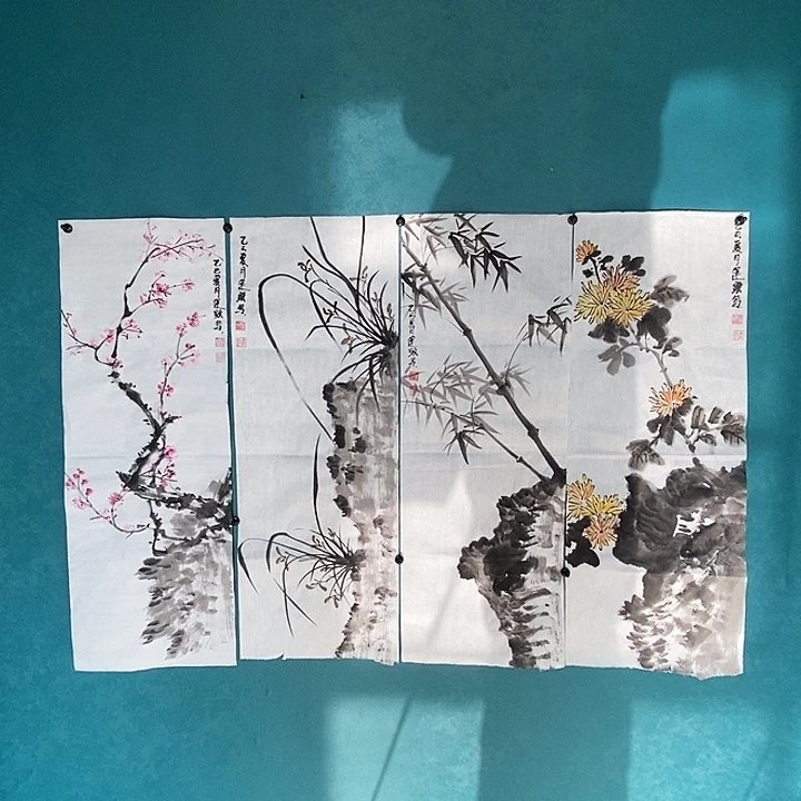 国画孙运显老师手绘四条屏