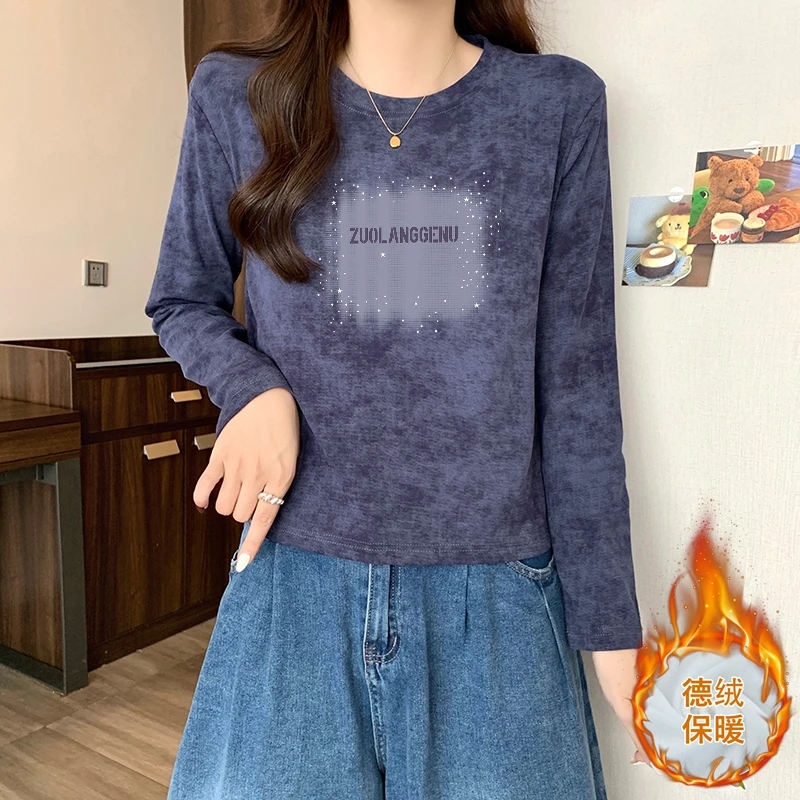 美式复古扎染德绒圆领长袖t恤女洋气百搭保暖款上衣打底衫秋冬季