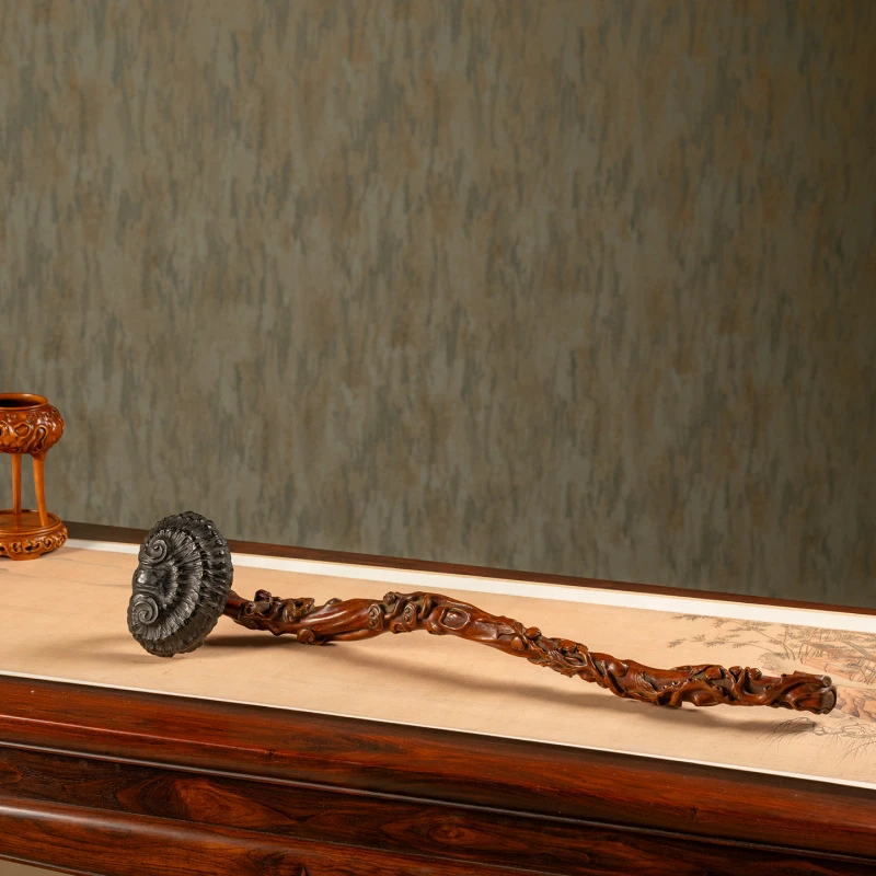 清代黄杨木及紫檀灵芝寿桃纹如意文玩古董收藏中式如意祝福摆件