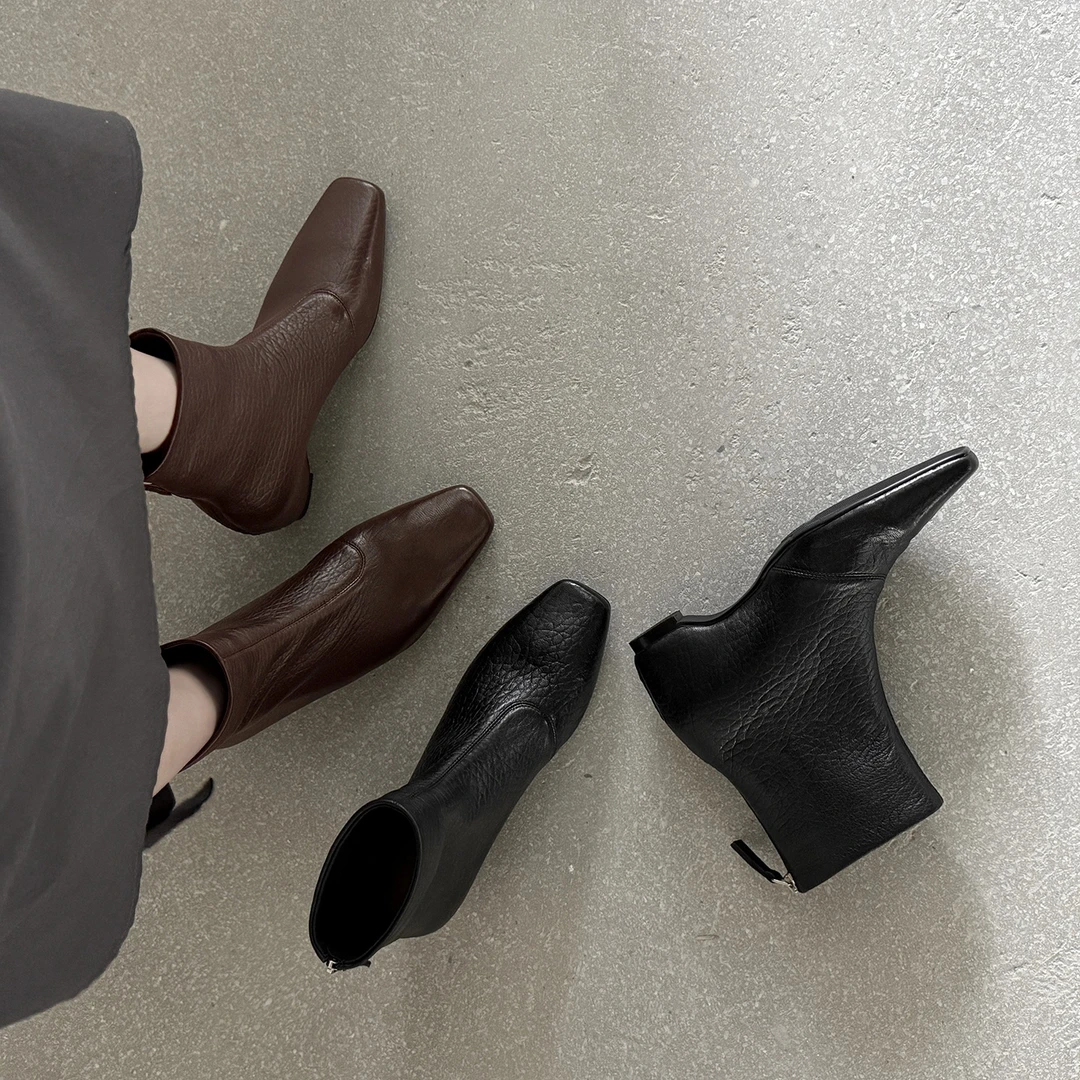 头层羊皮~超软~内增高复古方头大象纹短靴女秋冬单靴中跟瘦瘦靴子