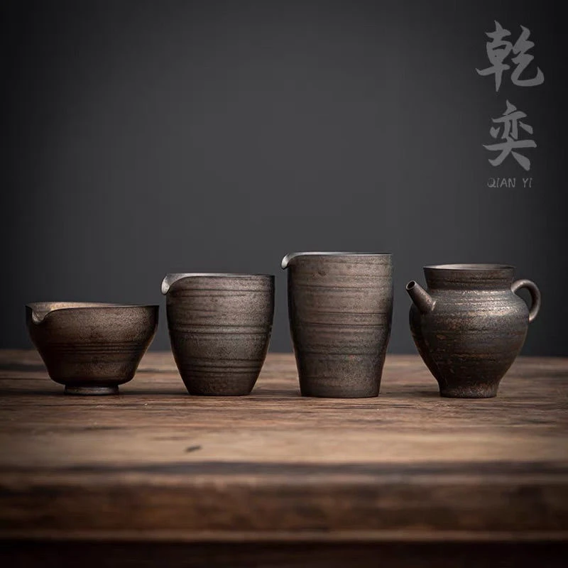 日式粗陶公道杯分茶器耐热功夫古铜色手工陶瓷鎏金茶海可养复古高