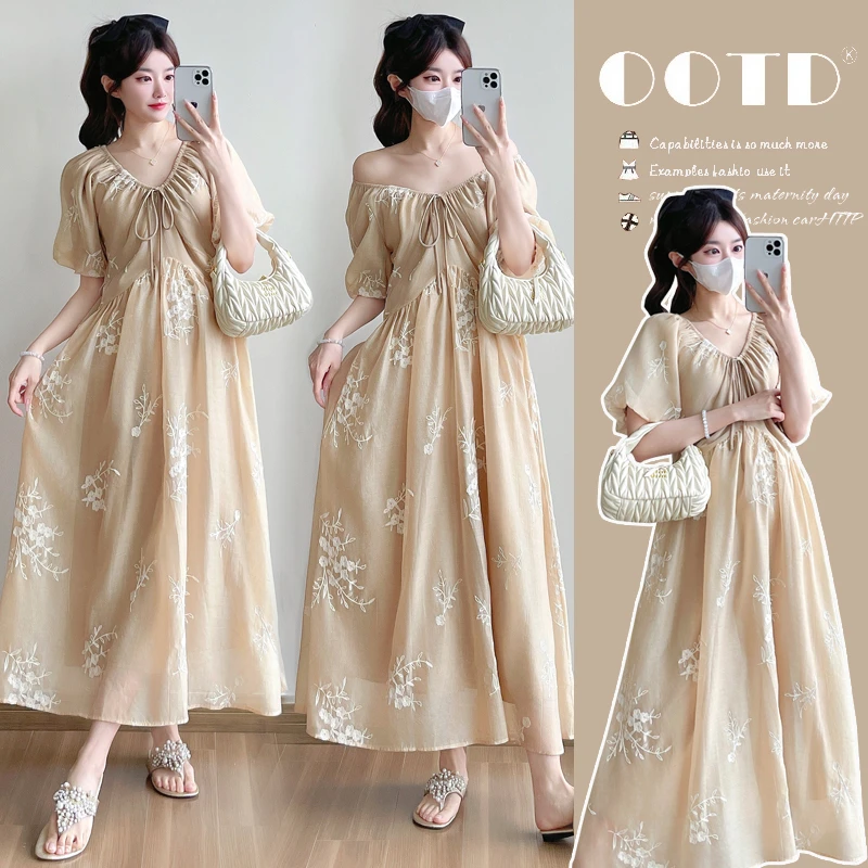 时尚孕妇夏季法式泡泡袖女轻奢高级感减龄收腰显瘦刺绣孕妇长裙