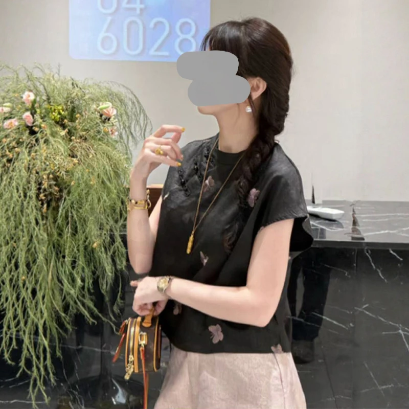 新中式极简风设计感蝴蝶盘扣短袖阔腿裤时尚套装女2025新款夏季