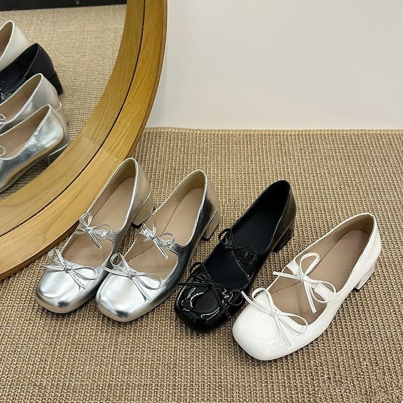 UHCK法式蝴蝶结方头银色单鞋女2025新款仙女风粗跟一脚蹬玛丽珍小