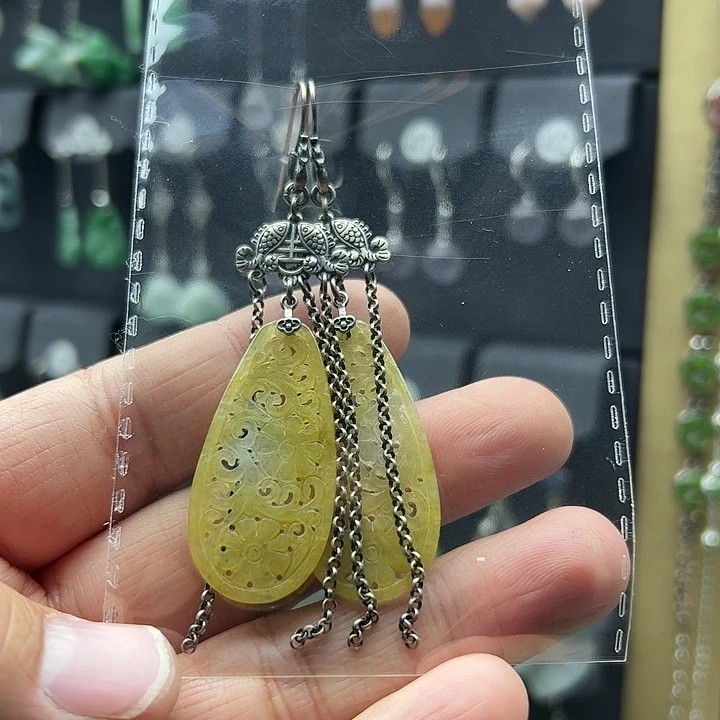 翡翠耳饰银S925镶嵌哈*