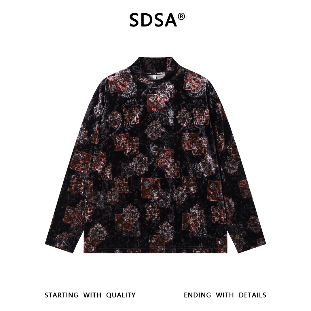 SDSA男士秋冬新款痞帅男装抽绳绒面抽象花卉半高领长袖T恤时尚