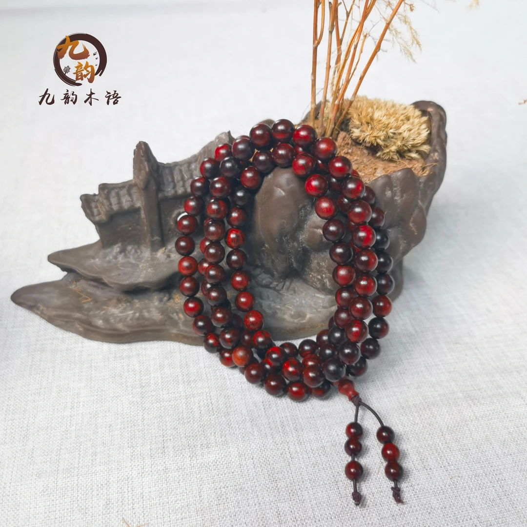 【九韵木语】印度小叶紫檀0.8*108颗火焰纹多圈手串文玩手链XY55179