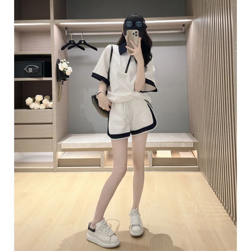 白色polo领撞色休闲运动套装女夏季宽松显瘦气质时尚小个子洋气潮