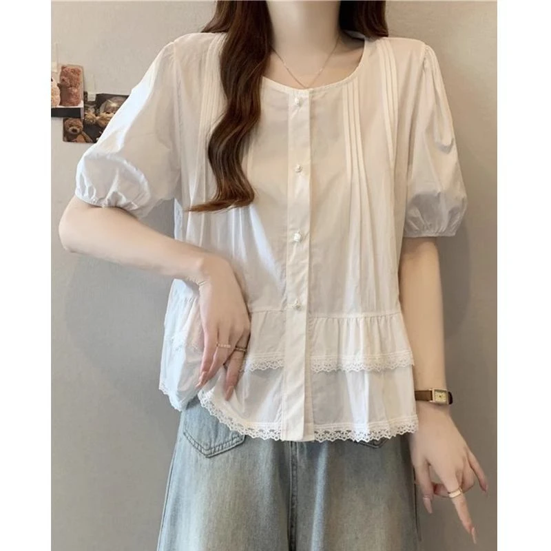 大码女装法式蕾丝花边减龄短袖衬衫夏季胖宽松百搭洋气小衫上衣