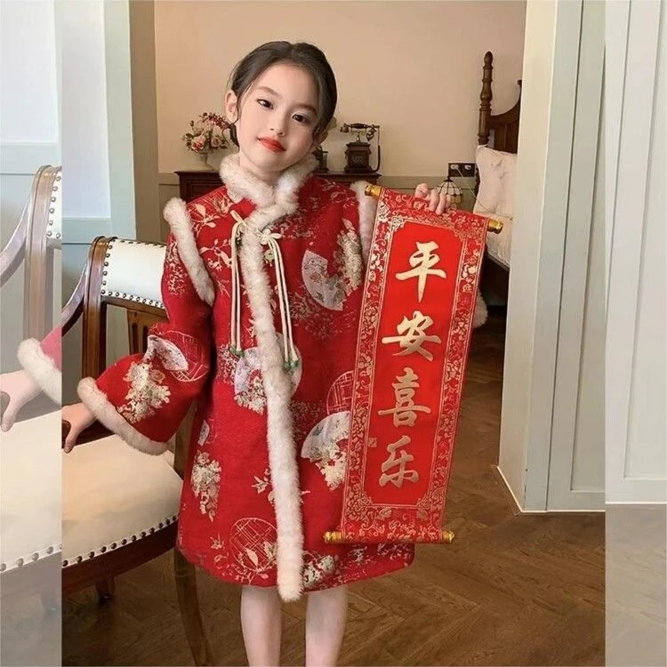 女童拜年服大儿童过年服冬装加绒旗袍女孩加厚新年衣服中国风汉服