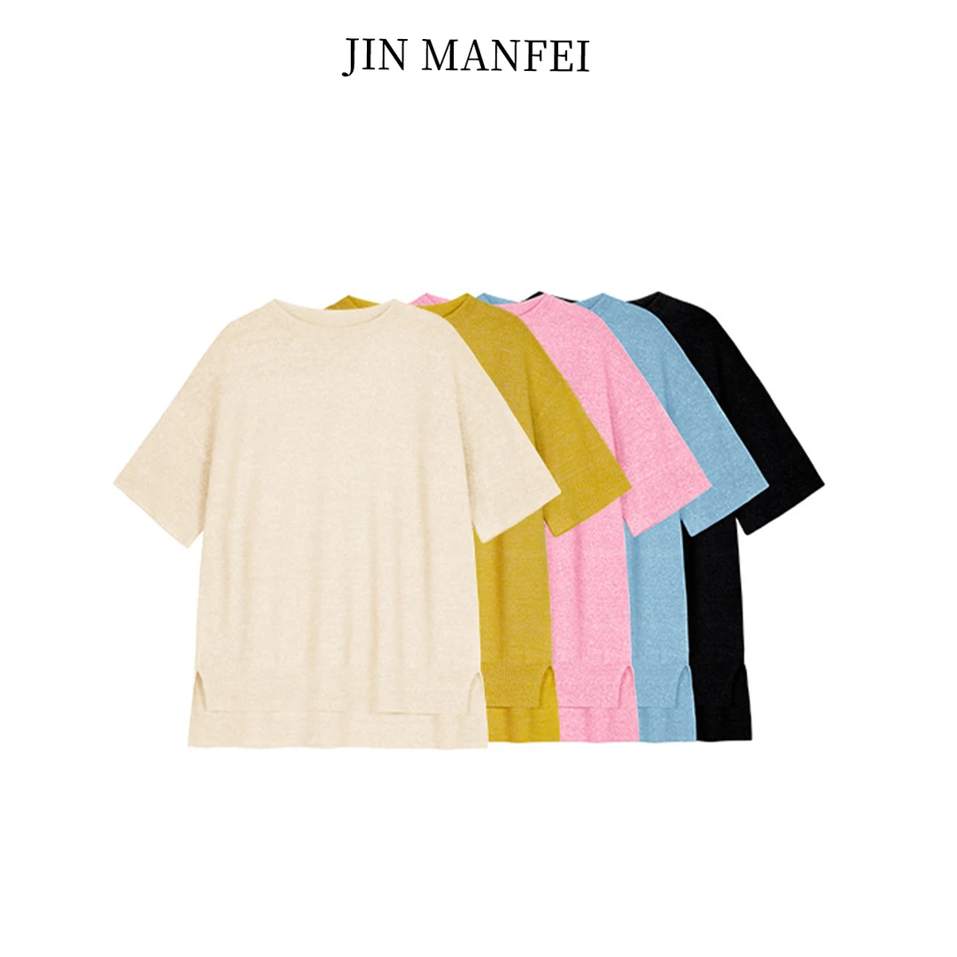 金曼妃夏季新款圆领短袖毛针织时尚纯色春夏百搭大码大版羊毛亚麻