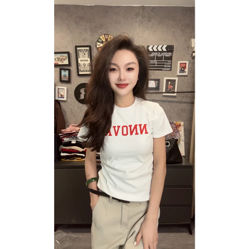 精梳棉高弹力白色短袖T恤女个性字母印花亲肤透气百搭上衣