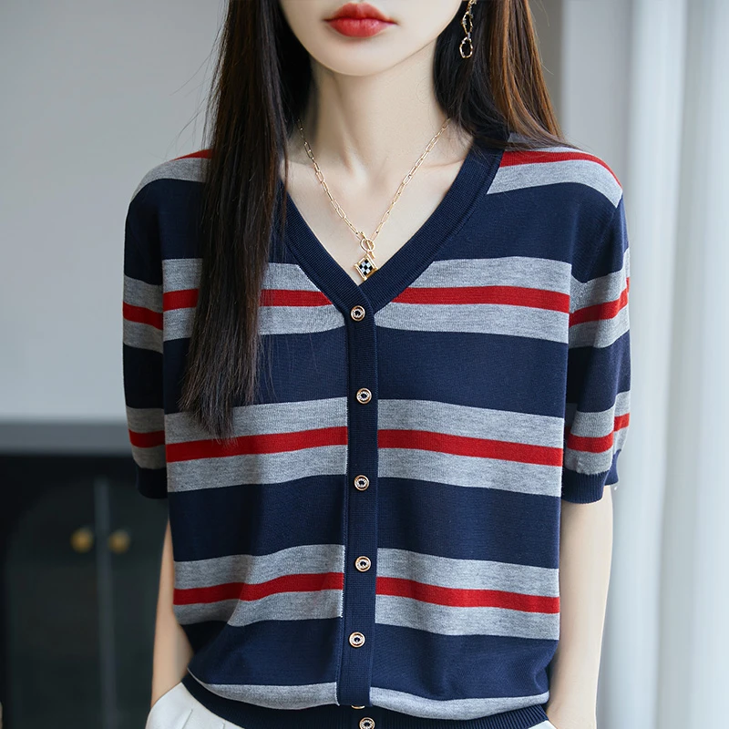 爆款100%天丝V领撞色减龄气质针织T恤宽松条纹显瘦短袖