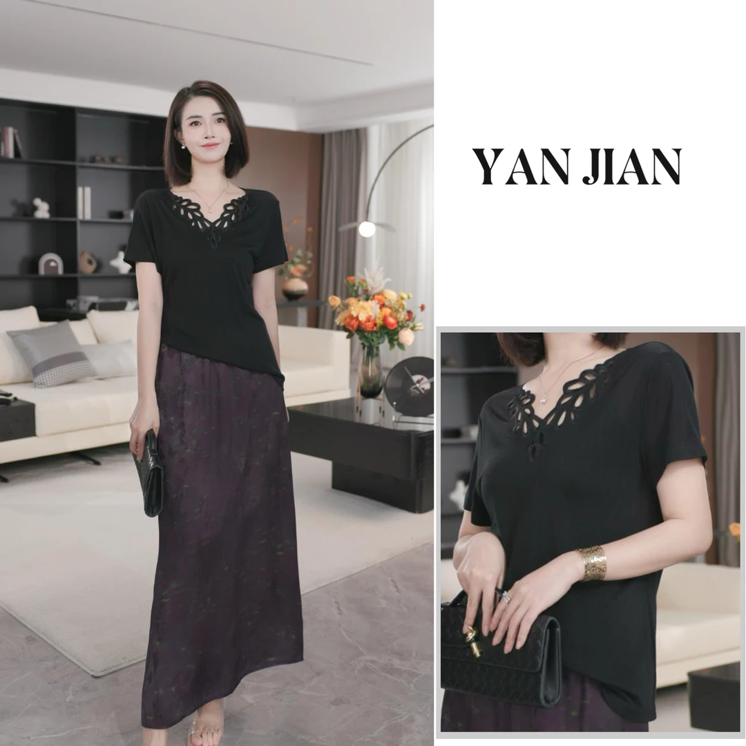 YAN JIAN【晴雪织】莱赛尔丝光棉绣花V领雪花针织上衣